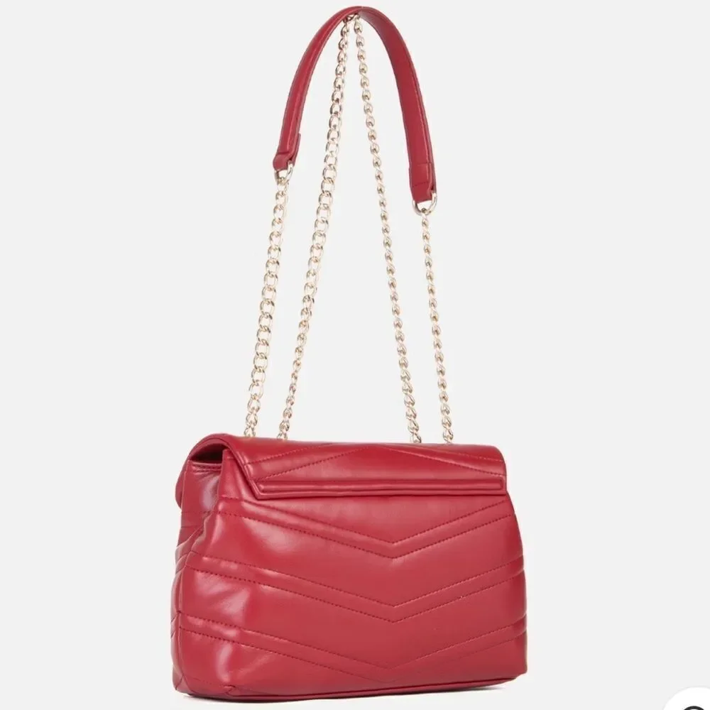 Mario Valentino Cherry Red Gold Tone Privilege Flap Chain Strap Purse